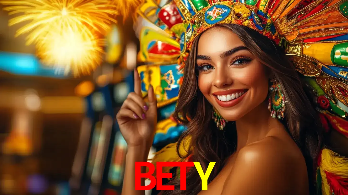 Mulher sorridente com um cocar de carnaval vibrante e colorido, celebrando uma grande vitória nos jogos do cassino BETY com fogos de artifício ao fundo.
