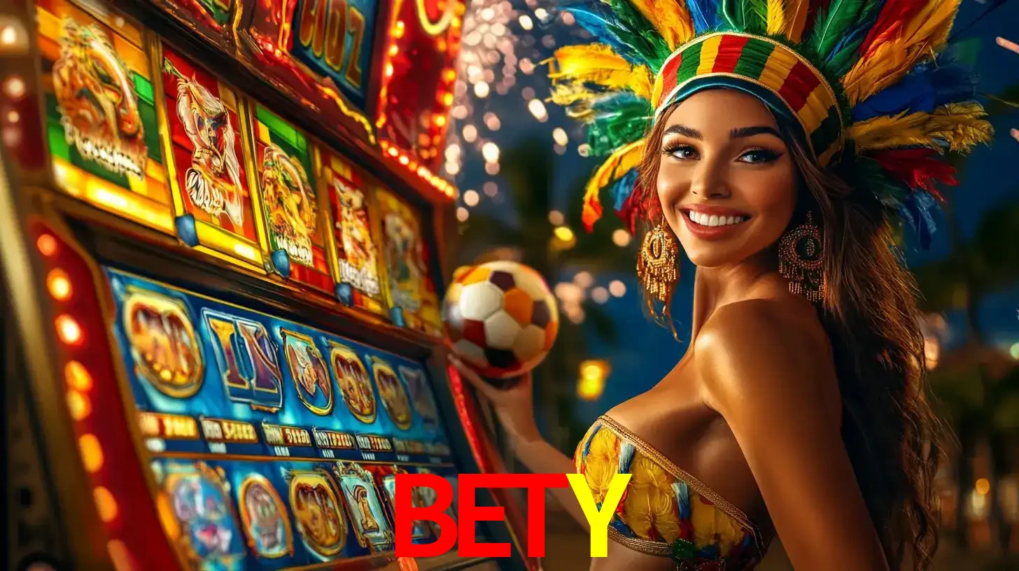 Mulher com um cocar de carnaval ao lado de uma máquina de caça-níqueis enquanto segura uma bola de futebol, mostrando a união da diversão de cassino e esportes no BETY.