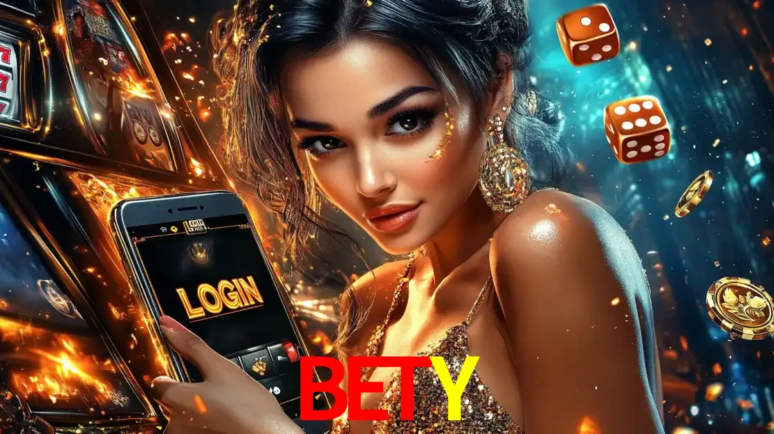 Mulher glamourosa segurando um celular com a tela de login do cassino BETY, rodeada por dados e moedas douradas, pronta para começar a diversão.
