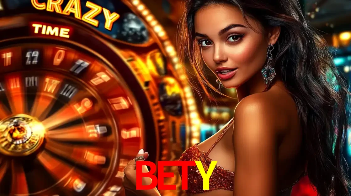 Mulher ao lado da roda de prêmios do jogo de cassino ao vivo Crazy Time, um dos shows de jogos mais emocionantes oferecidos pela plataforma de apostas BETY.