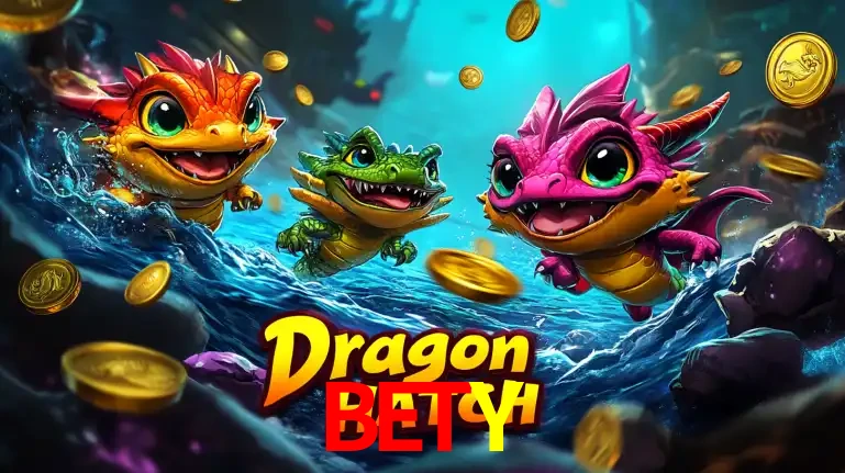 Arte promocional do jogo Dragon Hatch com três adoráveis dragões bebês nadando entre moedas de ouro, um dos slots mais divertidos para jogar no cassino BETY.