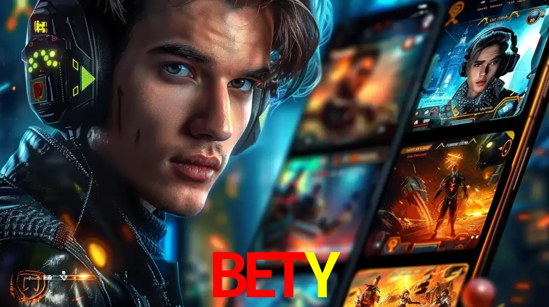 Jovem jogador com fones de ouvido olhando para a câmera, com um aplicativo de jogos e e-sports para celular ao fundo, pronto para a competição e apostas no BETY.