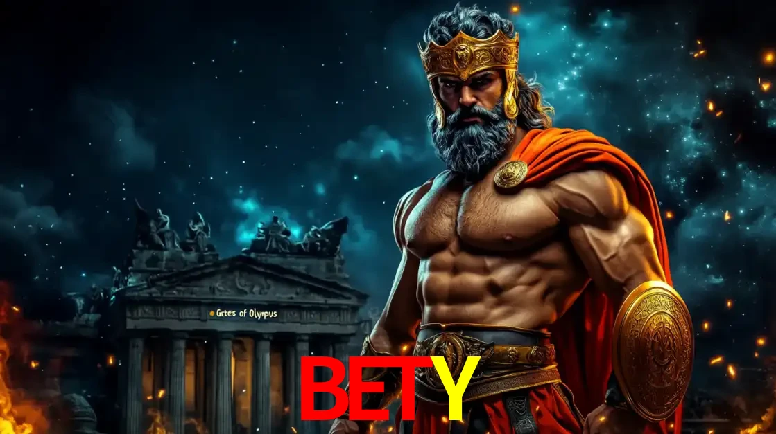 O poderoso Zeus do jogo de slot Gates of Olympus em frente ao seu templo, pronto para lançar multiplicadores divinos e prêmios épicos no cassino online BETY.