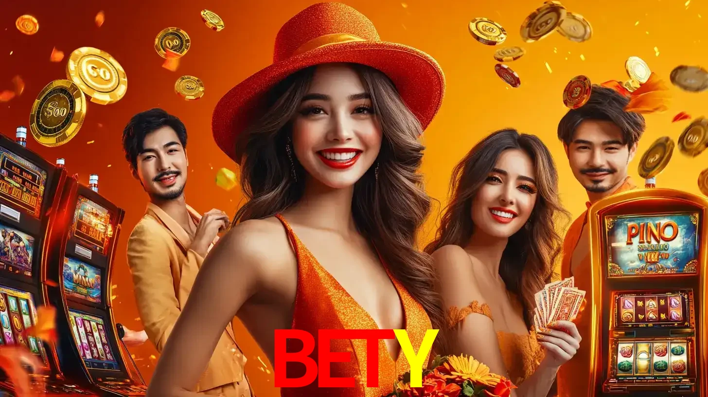 Grupo de amigos asiáticos sorrindo e se divertindo com máquinas de caça-níqueis em um ambiente festivo, celebrando suas vitórias nos jogos de cassino do BETY.