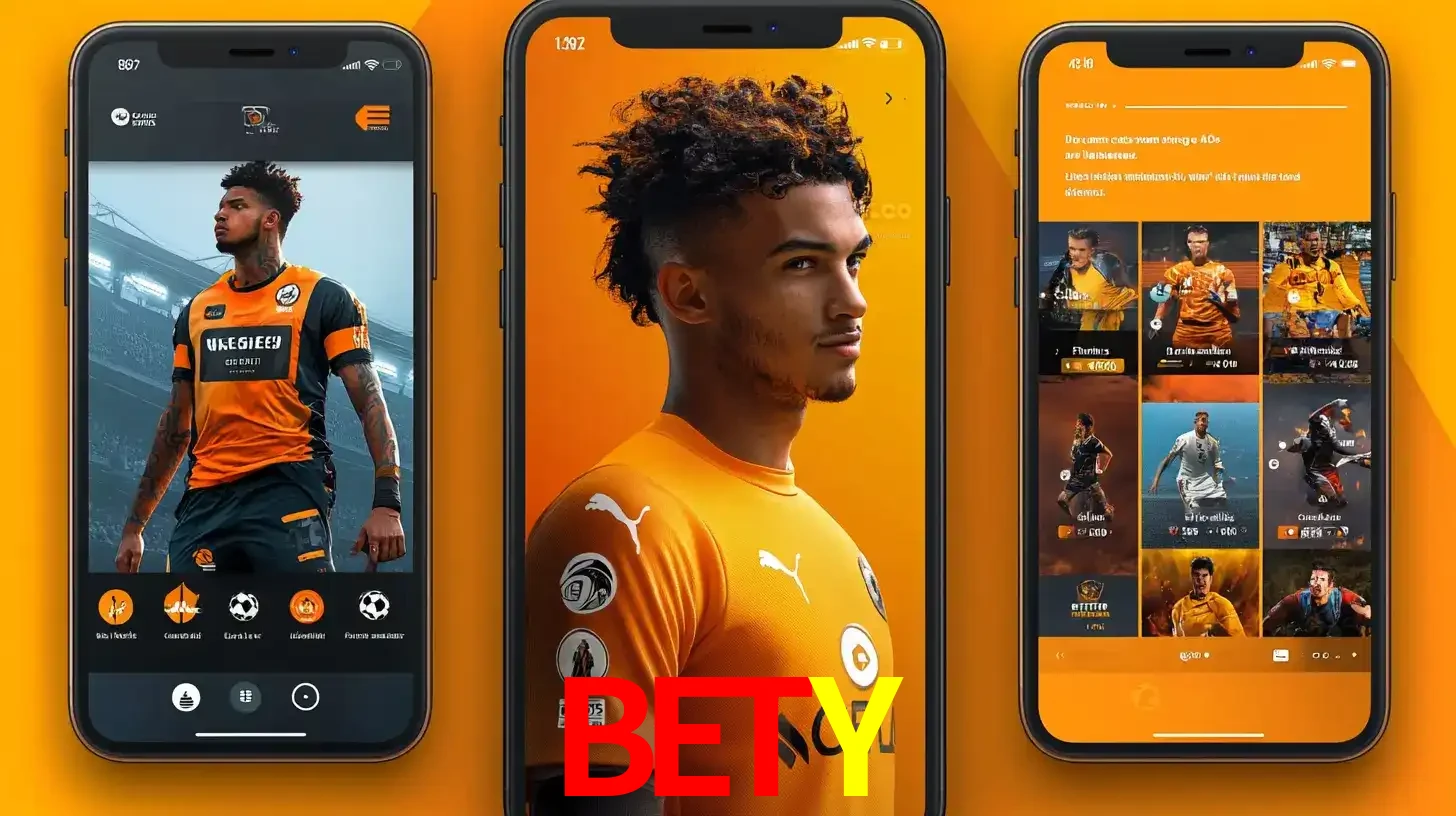 Interface do aplicativo de apostas esportivas BETY em três telas de celular, mostrando o perfil de um jogador de futebol e a lista de jogos disponíveis para apostar.