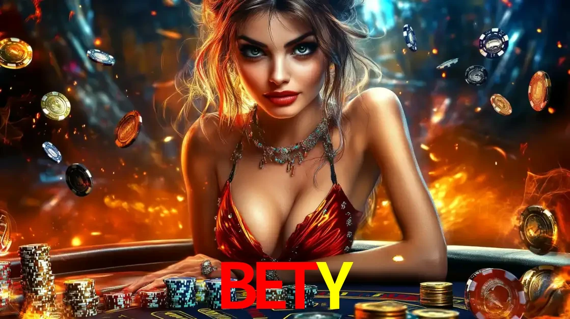 Mulher em uma mesa de cassino com pilhas de fichas e um fundo de fogo, pronta para uma rodada de altas apostas nos jogos de mesa emocionantes do cassino BETY.